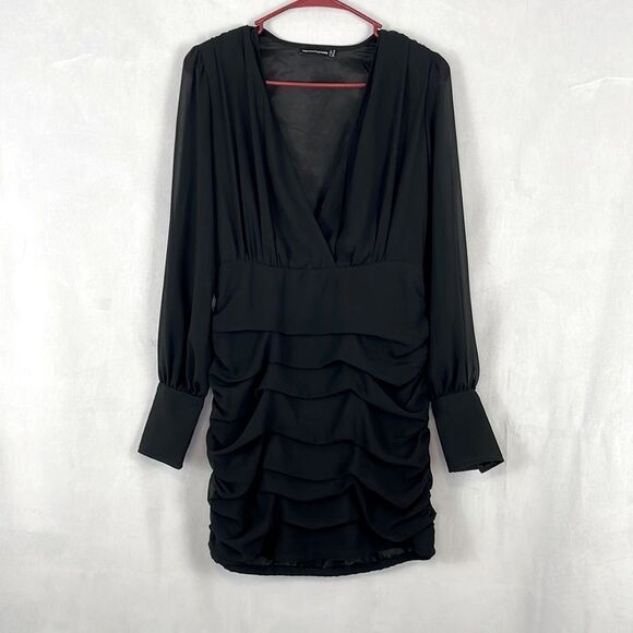PRETTYLITTLETHING Black Long Sleeve Chiffon Ruched Bodycon Dress. Size 6 - Picture 1 of 16
